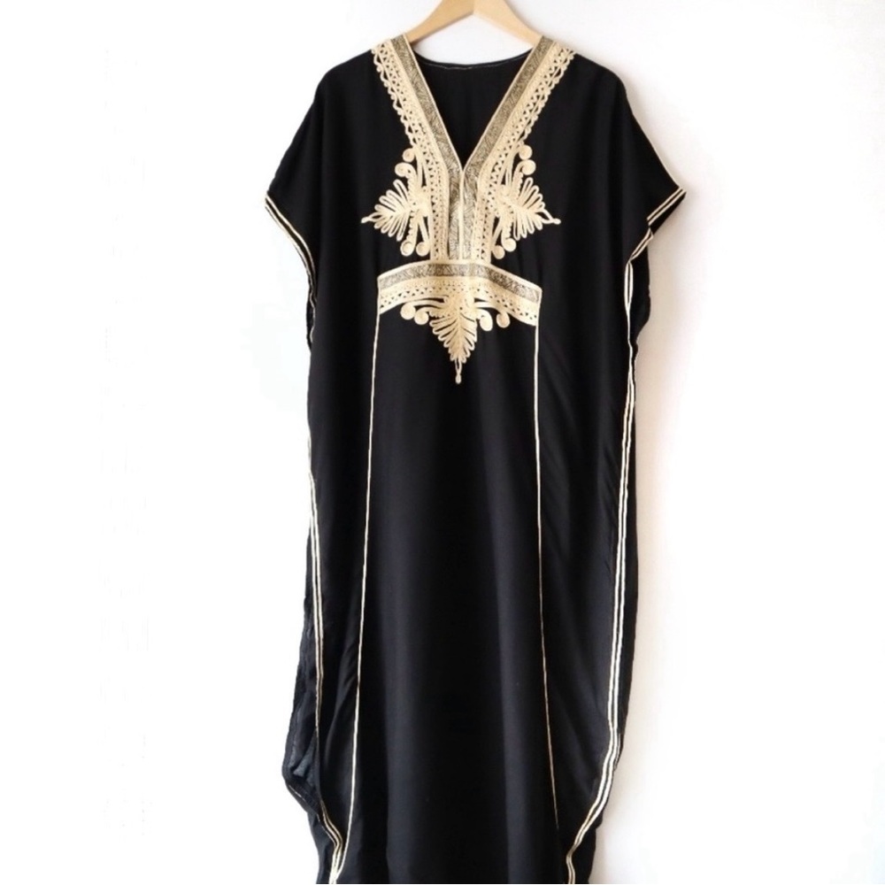 Artsy Long Kurta Caftan Top Tunic Black Gold